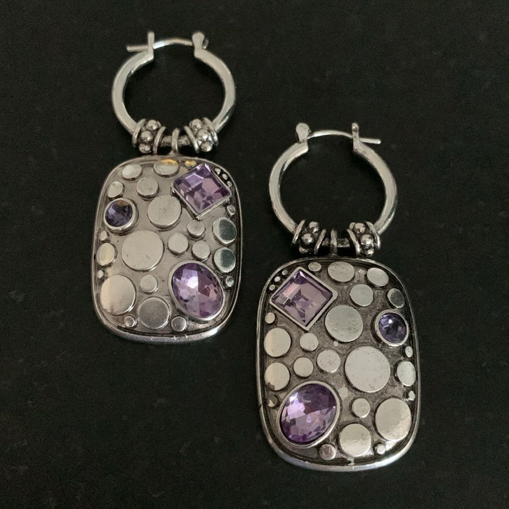 Balinese Style Faux Amethyst Crystal Drop Earrings in Silver Tone